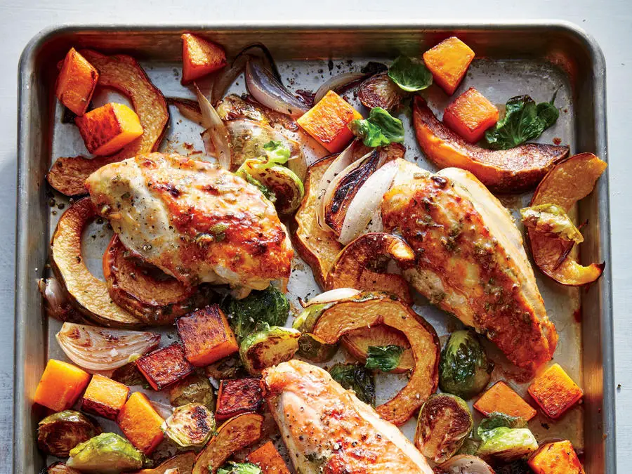 Read more about the article Maple Mustard Roasted Chicken and Brussels Sprouts with Squash